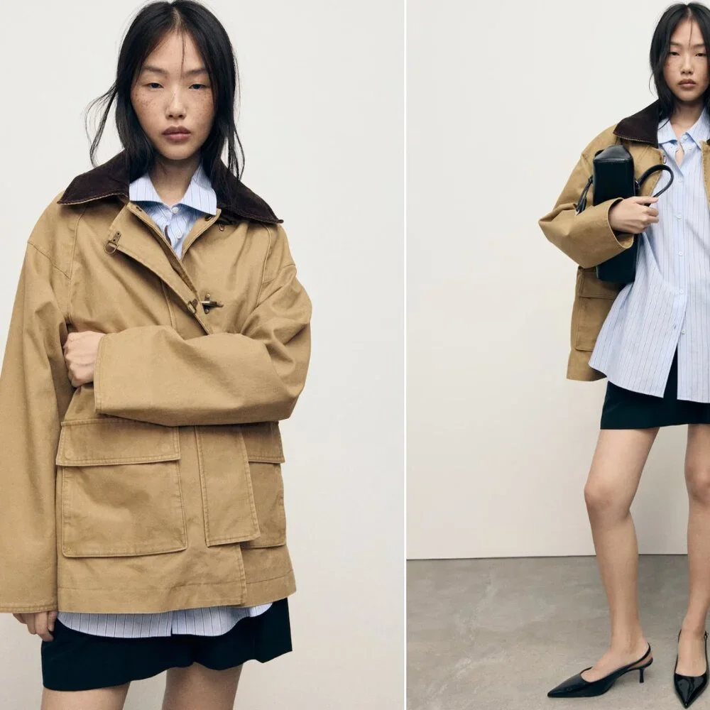 Oversized barn jacket with contrasting collar - Picture 6 of 6